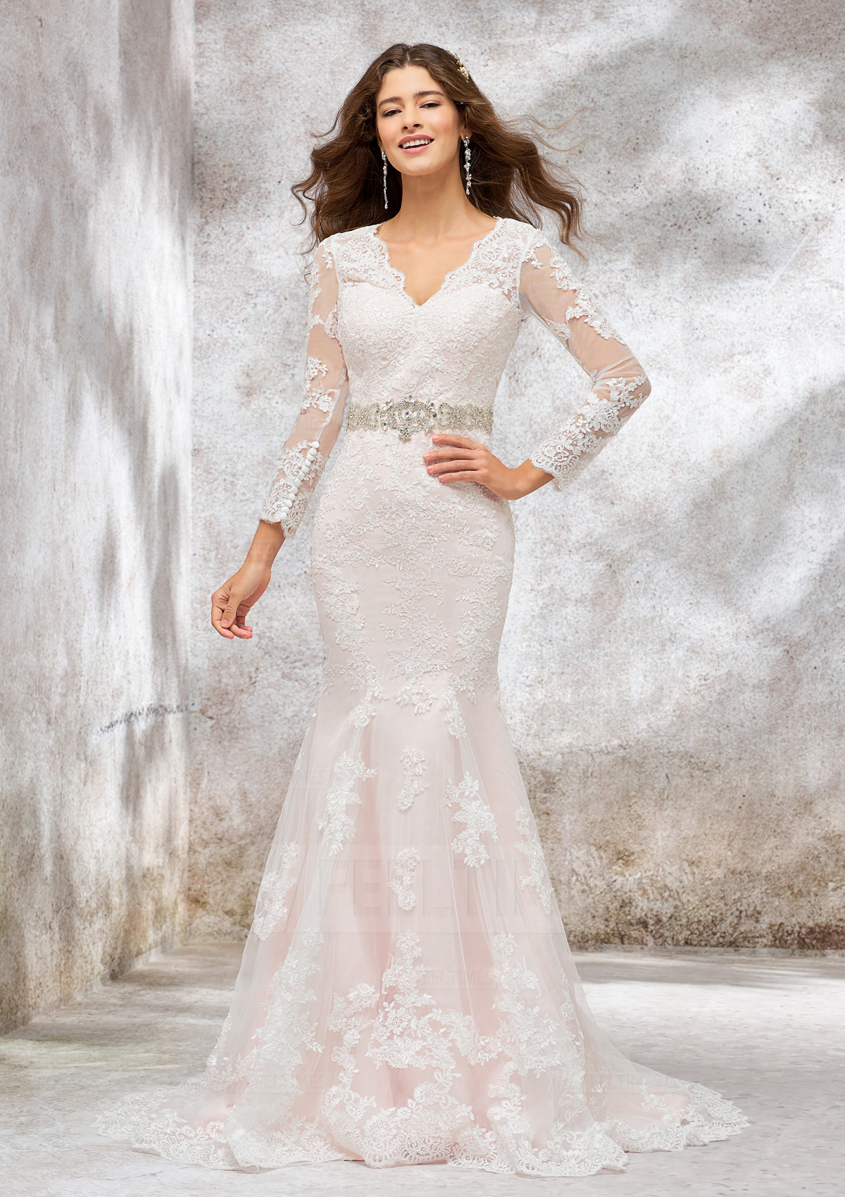 Trumpet/Mermaid V Neck Full/Long Sleeve Lace Satin Wedding Dress With Beading Sashes