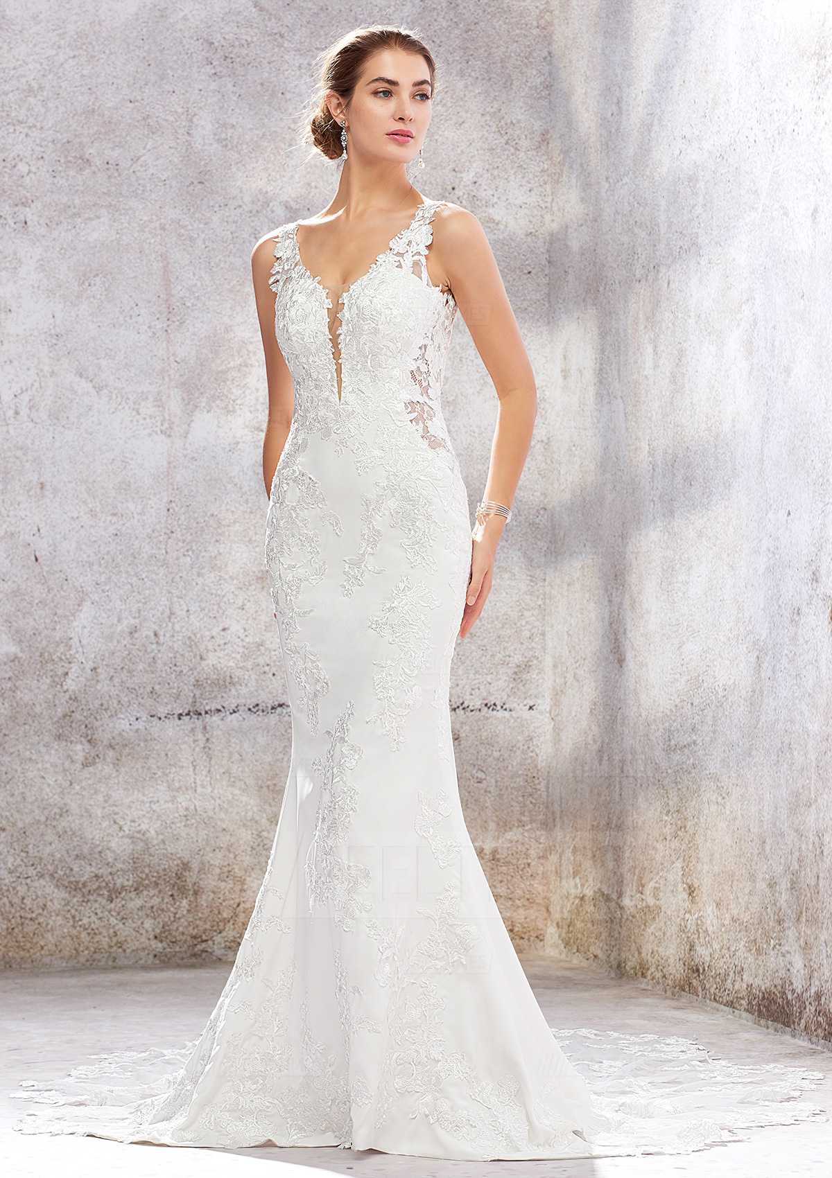 Trumpet/Mermaid V Neck Chapel Train Lace Wedding Dress With Beading Stretch Crepe Lace